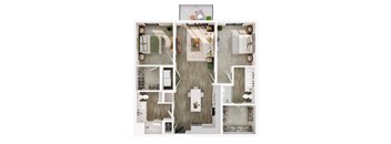 A top-down view of a house layout with a kitchen, living room, and bathroom.